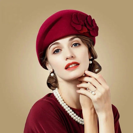 Chapeau fedora femme laine béret fleur - Bordeaux - M (56 - 58cm) | La boutique du chapeau