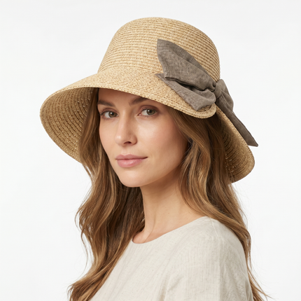 Chapeau de Soleil Femme Tissé Main — Grand Bord & Nœud Élégant