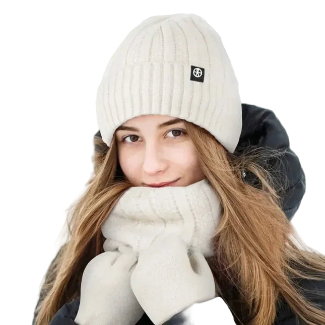 Ensemble bonnet gants et cache-cou en velours - Blanc - Ajustable (du 54 au 59) | La boutique du chapeau