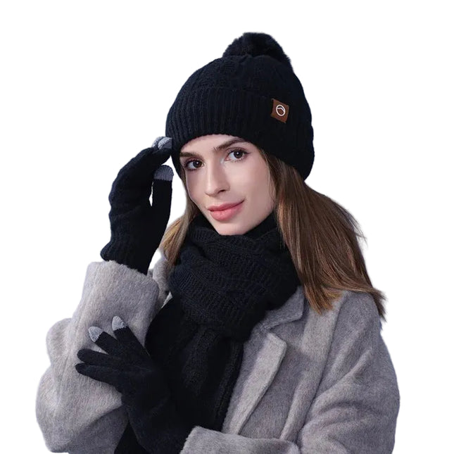 Ensemble de bonnet gants et écharpe chauds - Noir - Ajustable (du 54 au 59) | La boutique du chapeau