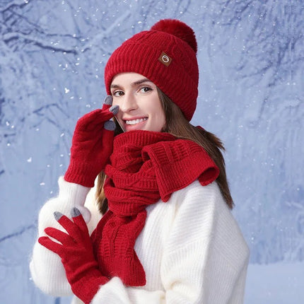 Ensemble de bonnet gants et écharpe chauds - Bordeaux - Ajustable (du 54 au 59) | La boutique du chapeau