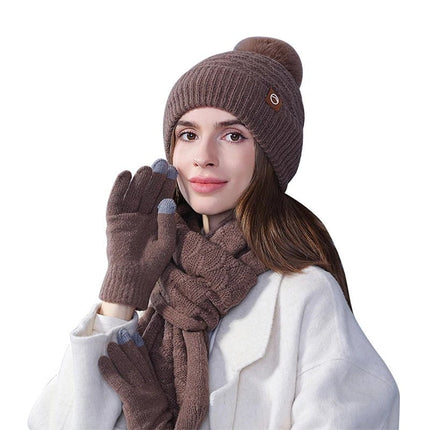 Ensemble gants écharpe et bonnet en acrylique - Marron - Ajustable (du 54 au 59) | La boutique du chapeau