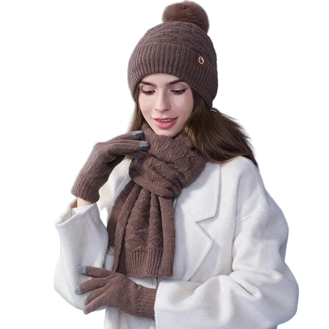 Ensemble gants écharpe et bonnet en acrylique - marron - Ajustable (du 54 au 59) | La boutique du chapeau
