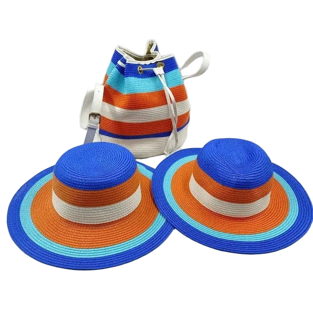 Ensemble sac et deux chapeaux bleu et orange blanc - Bleu/orange - M (56 - 58cm) | La boutique du chapeau