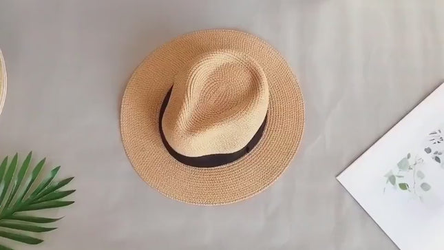 Chapeau panama unisexe paille naturelle bord large nœud